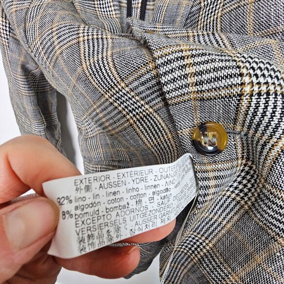 Zara Blazer Plaid Linen Blend Two-Button Peak Lapel Men 38 Brown Black - Picture 8 of 9